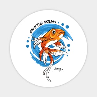 Save the ocean Orange Fish Blue Waves - Environment Magnet